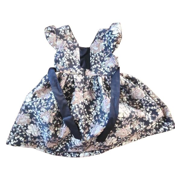 Bonnie Jean Girls Dress 3T Navy Pink Brocade Holiday Christmas Outfit - Picture 3 of 14